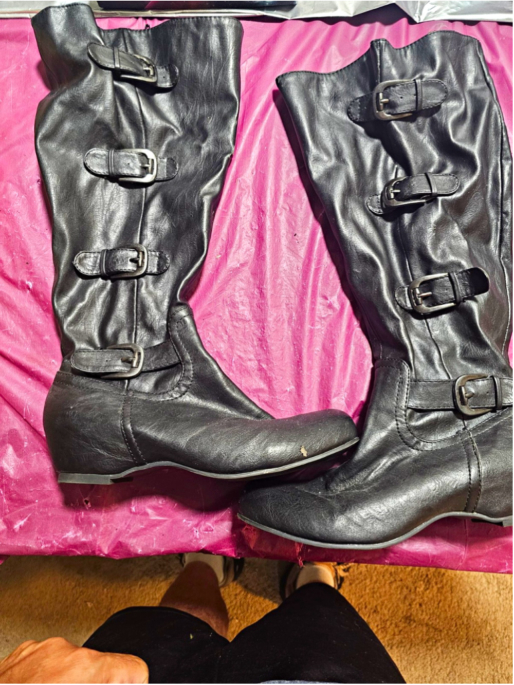 Black Faux Leather Multi Buckle Slouchy Knee High Boots Women's Size 9.5 M